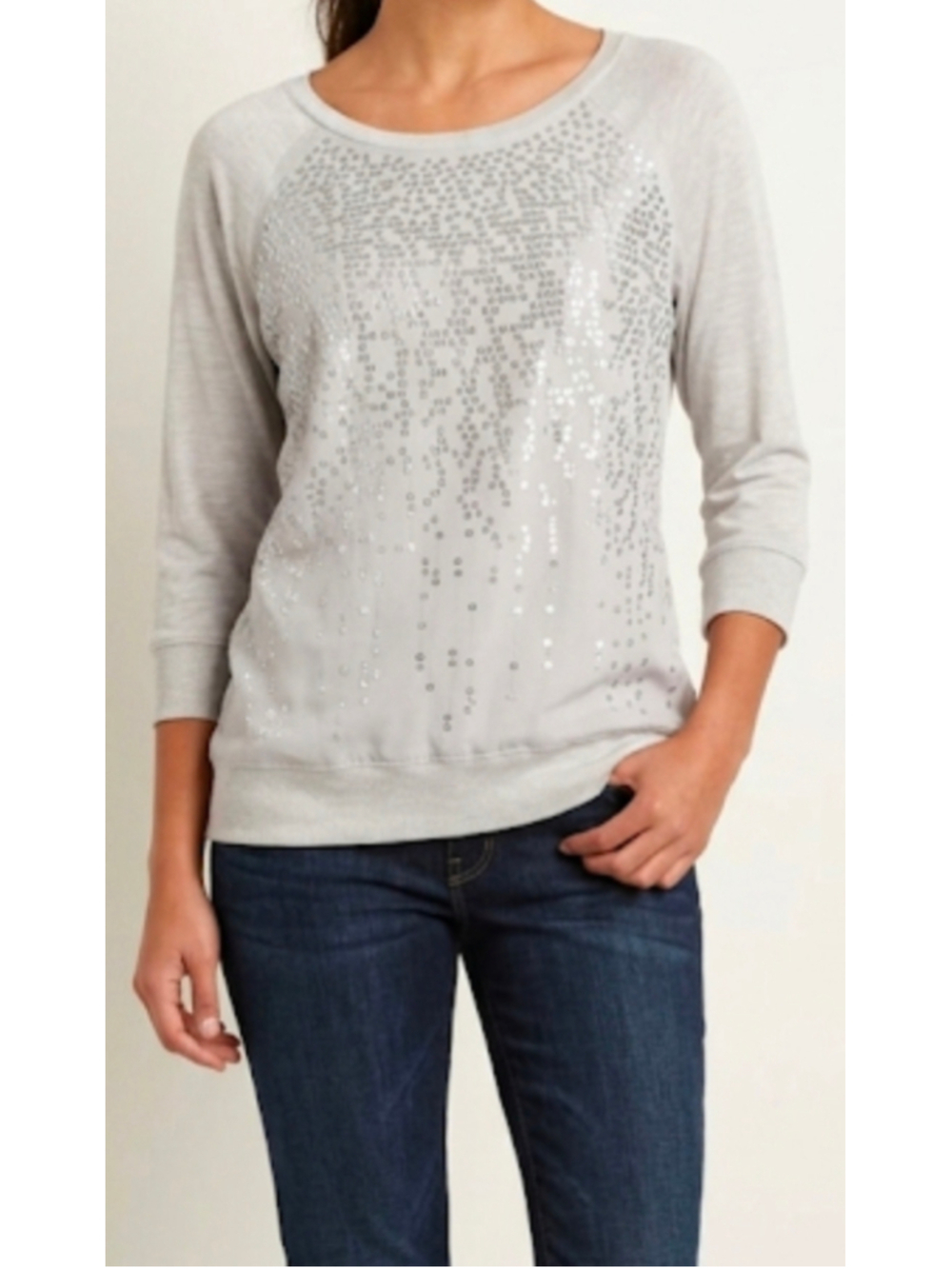 Calvin Klein Jeans Womens XL Blouse Gray Sequin Embellished 3/4 Sleeve Knit Top